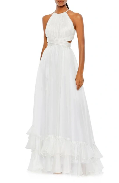 Mac Duggal Pleated Criss Cross Cut-out Halter Neck Gown In White