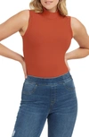 Spanx Suit Yourself Ribbed Mock Neck Sleeveless Smoother Bodysuit In Burnt Rust