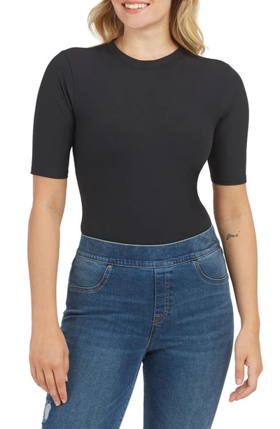 Spanx Suit Yourself Ribbed Crew Neck Short Sleeve Smoother Bodysuit In Classic Black