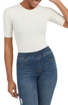 Spanx Suit Yourself Ribbed Crew Neck Short Sleeve Smoother Bodysuit In Parchment