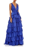 Mac Duggal Ruffle Tiered Pleated Sleeveless V Neck Gown In Cobalt