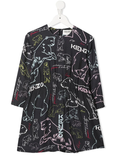 Kenzo Bear-print Branded Dress In Grey