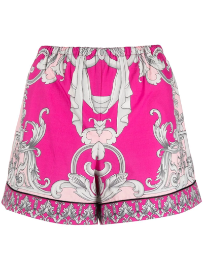 Versace Barocco Cotton Blend Pajama Shorts In Fuxia English Rose (fuchsia)