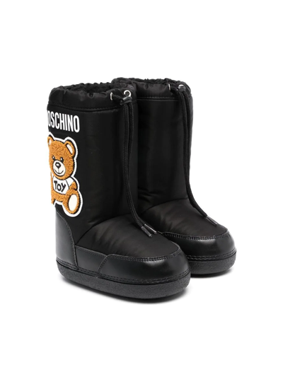 Moschino Kids' Teddy Patch Nylon Snow Boots W/ Logo In Black