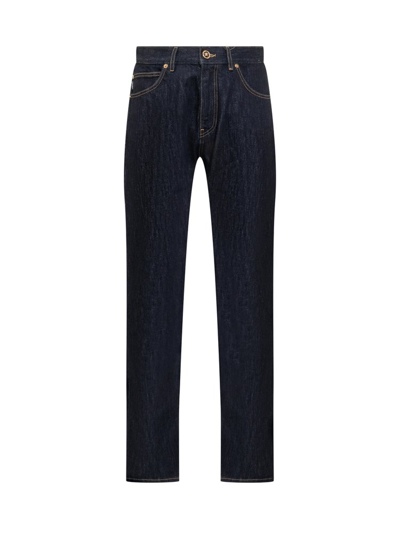 Versace Logo Patch Straight Leg Jeans In Blue