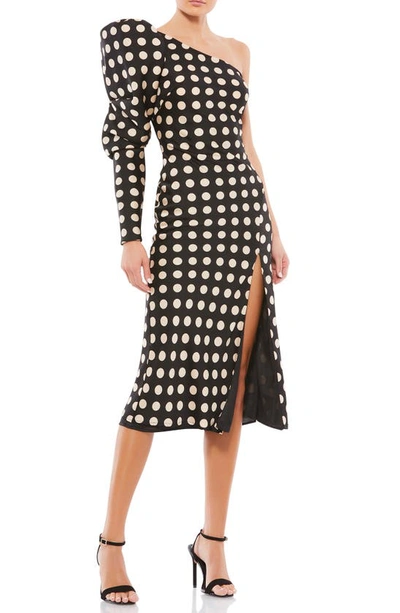 Ieena For Mac Duggal Long Puff Sleeve Polka Dot Tea Length Dress In Black White