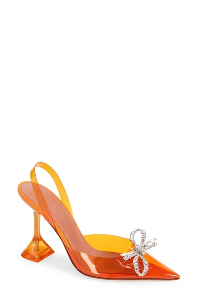 Amina Muaddi Glass Pointed Toe Slingback Pump In Pvc Orange+ White Crystal Bow