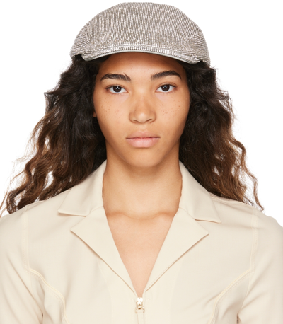 Kara Black Crystal Mesh Flat Cap In White