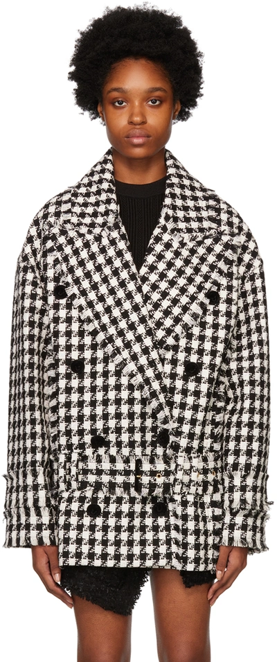 Balmain Black & White Frayed Peacoat In Gab Blanc/noir