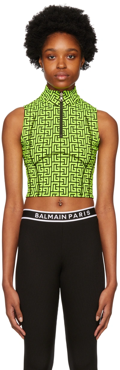 Balmain Green Half-zip Sport Top In Eaq Noir/jaune Fluo