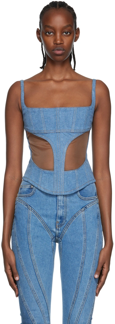 Mugler Denim And Tulle Bustier Top In Blue