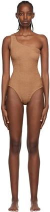 Hunza G + Net Sustain Nancy One-shoulder Seersucker Swimsuit In Metallic Cocoa