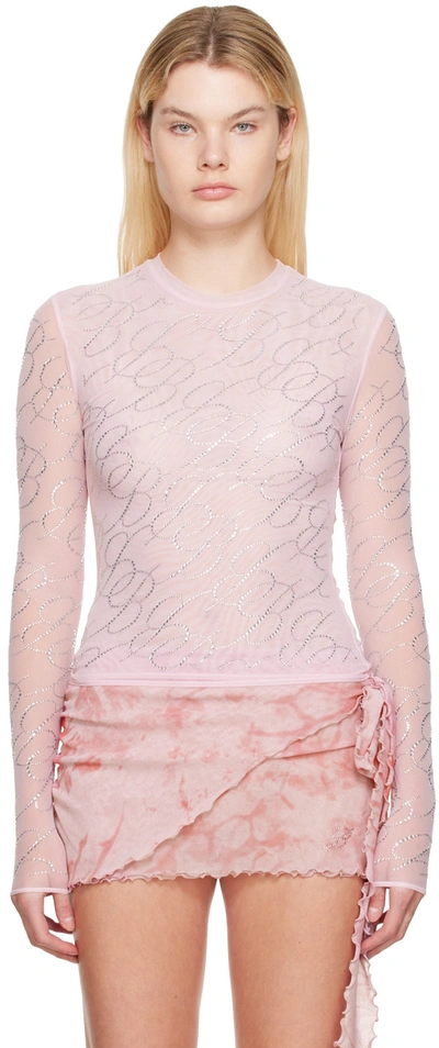 Blumarine Woman Pink Tulle T-shirt With All-over Rhinestone Logo Embroidery In Pink & Purple