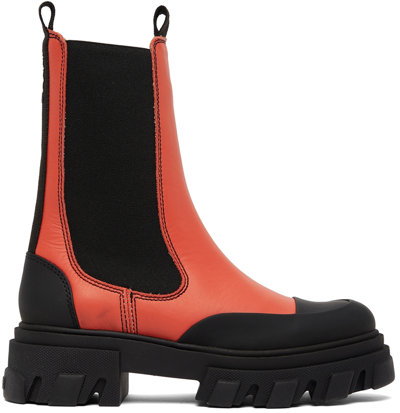 Ganni Cleated Mid Chelsea Combat Boots In Red Leather