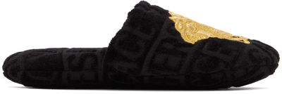 Versace Black Medusa Slippers In Black,gold