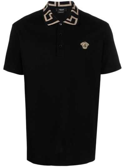 Versace Polo Shirt With Greek Pattern In Black