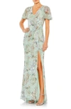 Mac Duggal Sequin Flutter Sleeve Chiffon Gown In Seamist