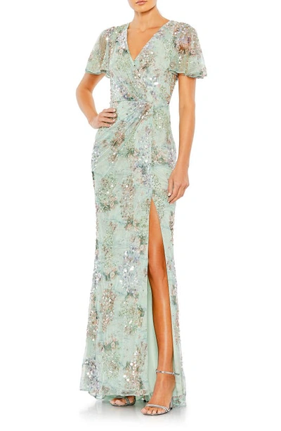 Mac Duggal Sequin Flutter Sleeve Chiffon Gown In Seamist