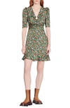 Sandro Short Dress With Autumn Flowers Print In Green Orange
