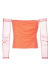 Helmut Lang Sheer-long Sleeve Off-the-shoulder Top In Coral