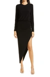 Norma Kamali Long Sleeve Shoulder Pad V Neck Side Drape Gown In Black