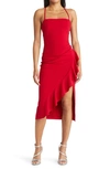 Lnl Square Neck Side Ruffle Midi Dress In Red