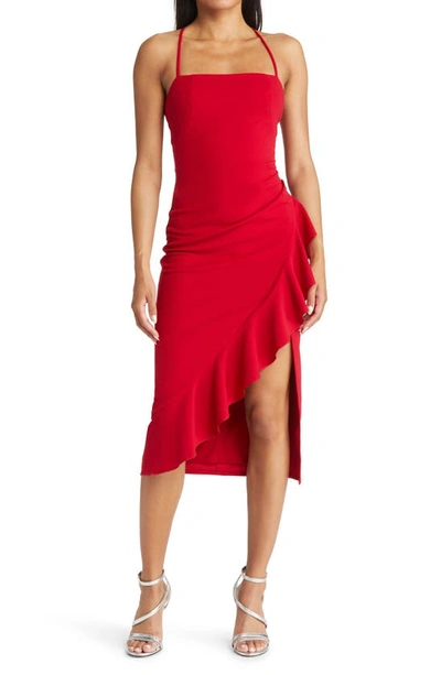 Lnl Square Neck Side Ruffle Midi Dress In Red