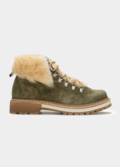 Montelliana Clara Suede Shearling Hiker Boots In Khaki Green