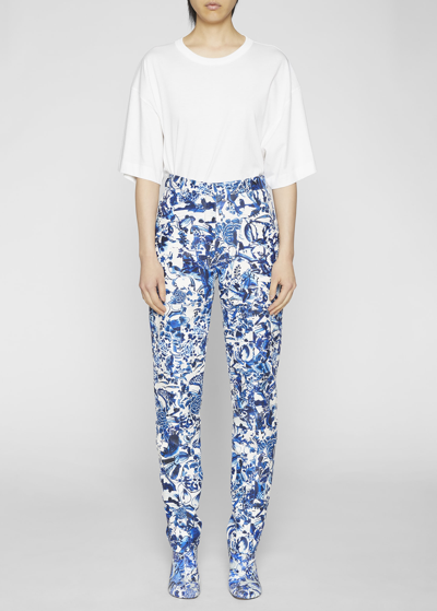 Dries Van Noten Floral-print Leather Tapered Pants In Blue