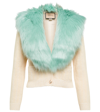 Gucci Faux Fur Collar Wool Blend Cardigan In Multi