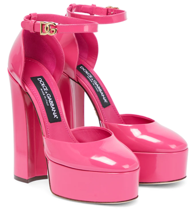 Dolce & Gabbana Logo Patent Leather Platform Ankle-strap Pumps In Pink