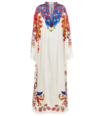 Etro Long Tunic Dress In White Silk With Multicolor Print