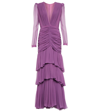 COSTARELLOS MILA RUCHED TIERED SILK CHIFFON GOWN