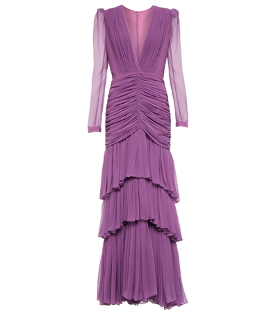Costarellos Mila Ruched Tiered Silk Chiffon Gown In Plum