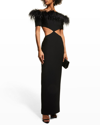 Rasario Off-the-shoulder Cutout Feather-embellished Crepe Maxi Dress In Black
