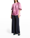 Vince Flutter Sleeve Drape Silk Top In Camelia