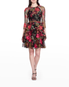 MARCHESA NOTTE TIERED FLORAL-EMBROIDERED TULLE DRESS