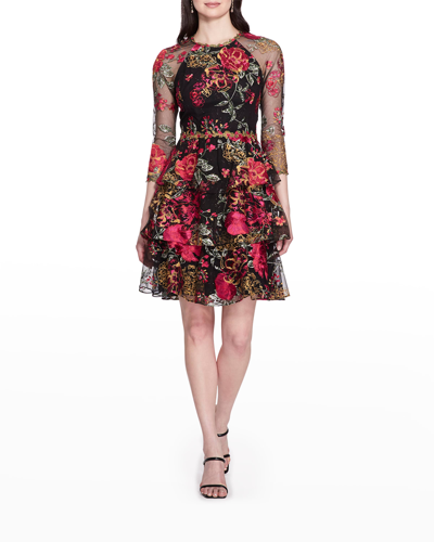 Marchesa Notte Tiered Floral-embroidered Tulle Dress In Black