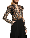 Proenza Schouler Plunging Leopard-print Puff-sleeve Crepe De Chine Top In Brown Multi