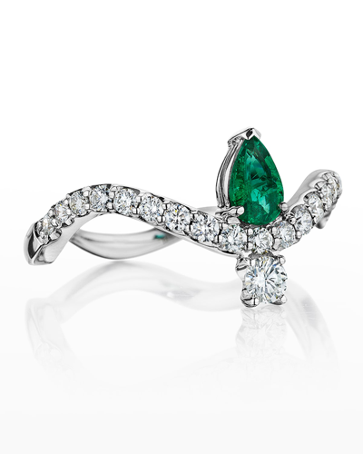 Hueb 18k Mirage White Gold Ring With Vs/gh Diamonds And Green Emerald