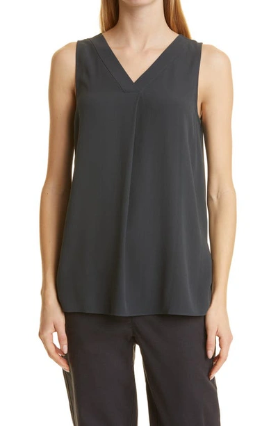 Eileen Fisher Pleated V-neck Silk Tank In Graphite