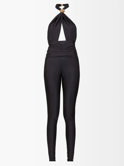Saint Laurent Embellished Cutout Stretch-satin Halterneck Jumpsuit In Black
