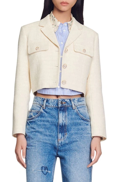 Sandro Cropped Tweed Button-up Jacket In Ecru