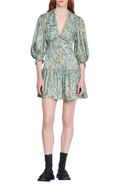 Sandro Eilat Collared Floral Print Silk Dress In Green Red