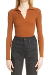 Saint Laurent Embellished Ribbed-knit Polo Sweater In Caramel