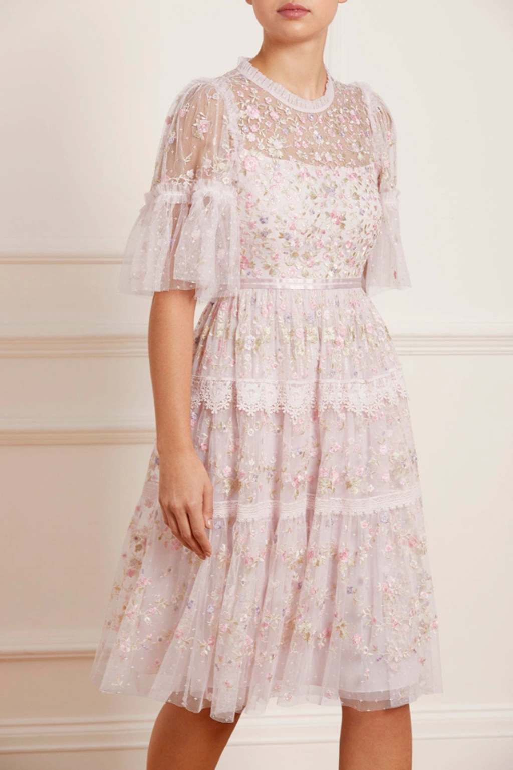 needle and thread alaska midi dress Needle & Thread Araminta Lace Round Neck Midi Dress In Pink