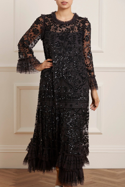 Needle & Thread Celia Long Sleeve Ankle Gown In Black