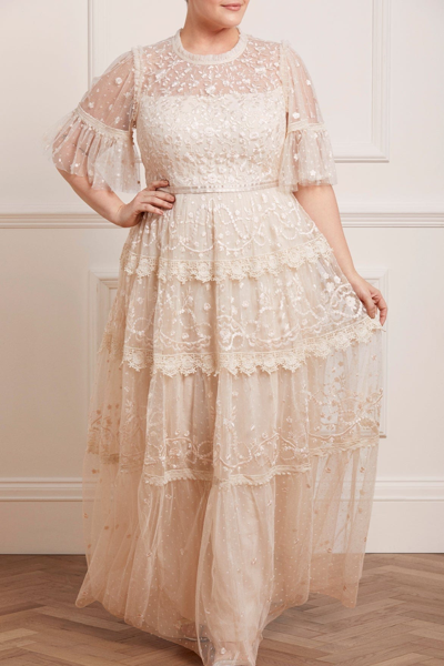 Needle & Thread Midsummer Lace Round Neck Gown In Champagne