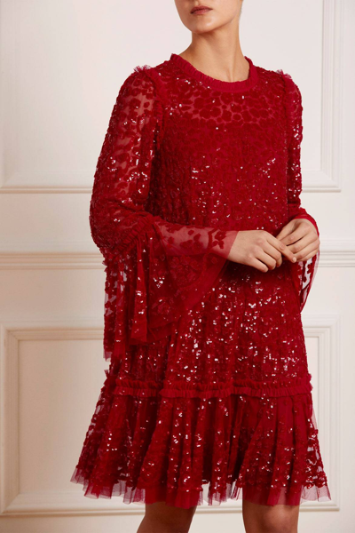 Needle & Thread Annie Sequin Tiered Mini Dress In Red