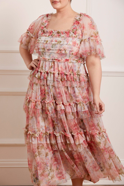 Needle & Thread Summer Song Peaches Smocked Ankle Gown In Multi